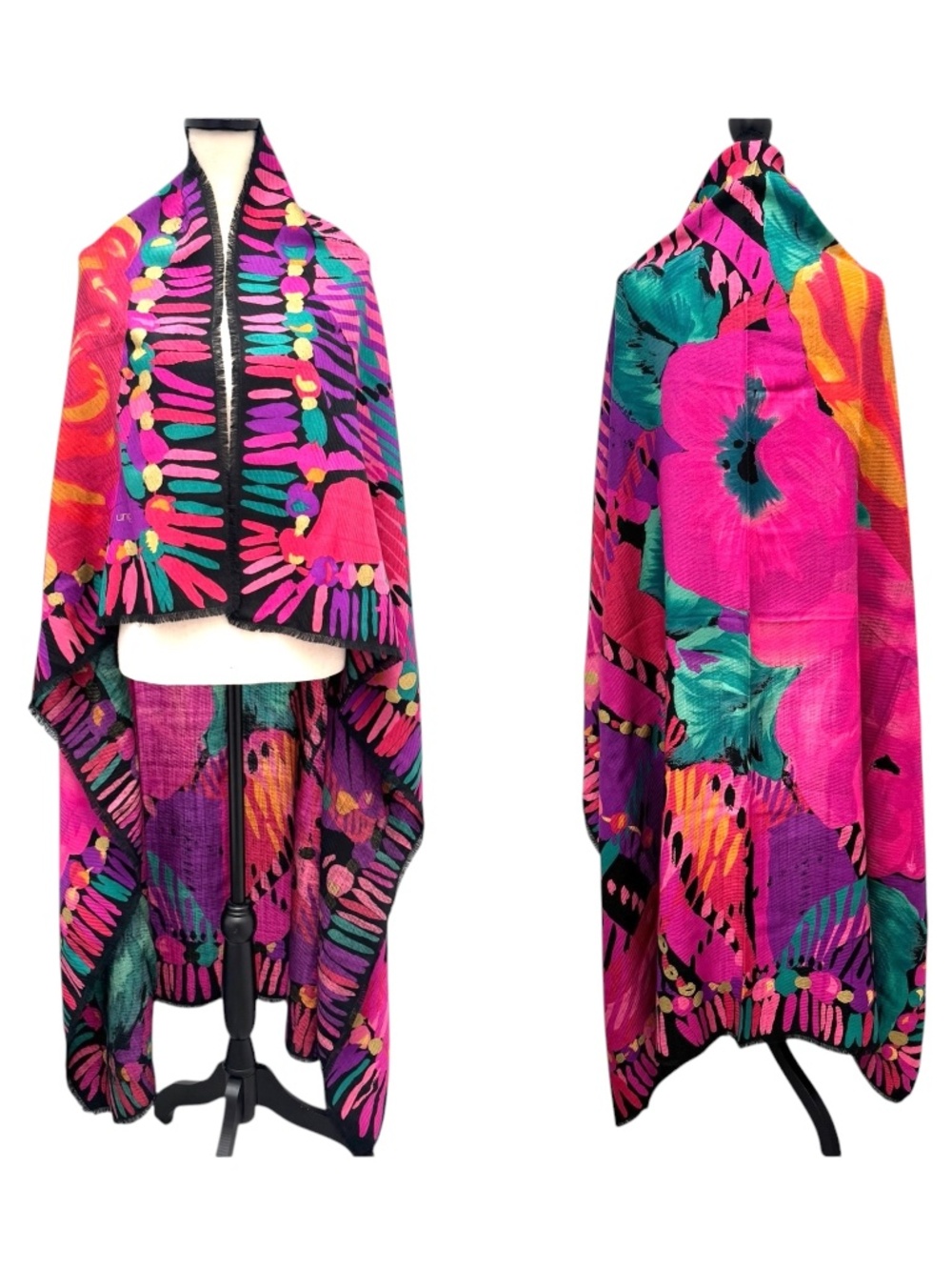 VINTAGE 80s UNGARO WOOL SILK CHALLIS VIBRANT MULTICOLOR FLORAL SCARF SHAWL